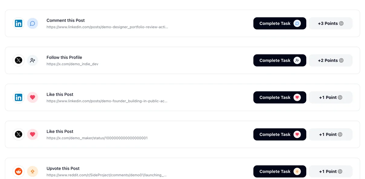 Complete Tasks & Earn Points — Upvote.club interface