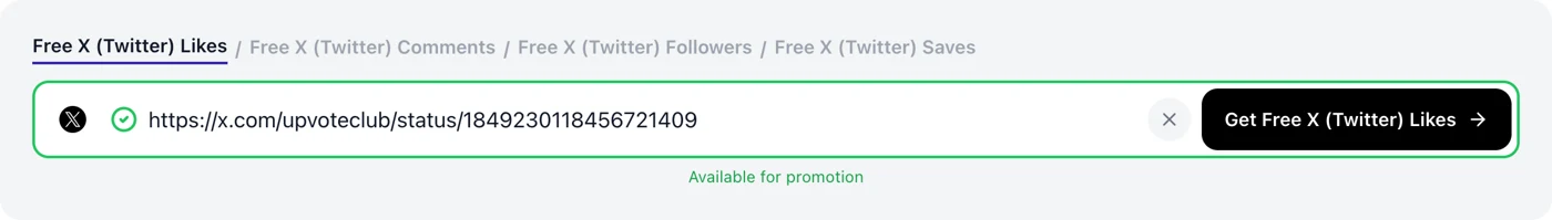 Upvote.club form with an X post link and the Get Free X Likes button