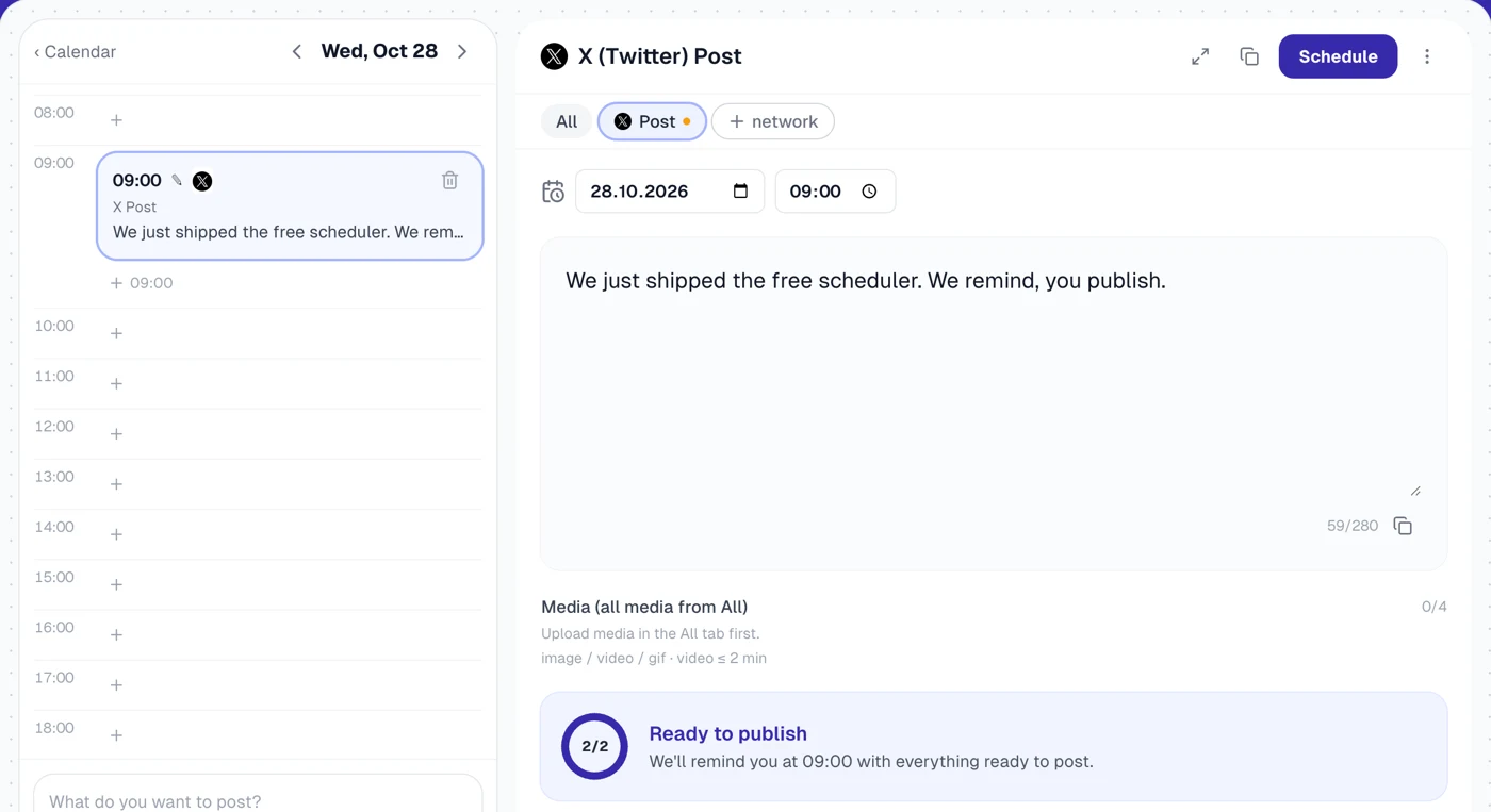 Upvote.club free scheduler: an X post planned for 09:00